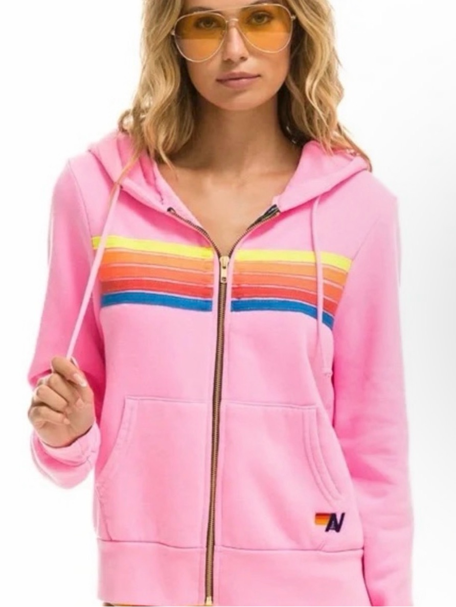 Aviator Nation Pink Zip Hoodie With Rainbow Chest Stripes